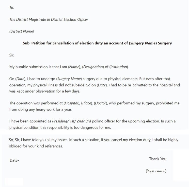 Application to the District Magistrate & District Election Officer for cancellation of election or voting duty due to Poor Health Condition or Surgery